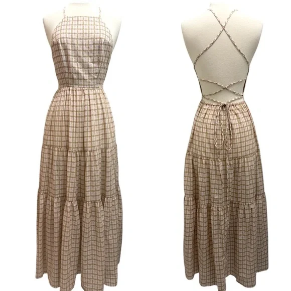 *SOLD*Christy Dawn Delphine Midi Tiered Sun Dress in Snapdragon Gingham Pink Tan - Picture 3 of 11
